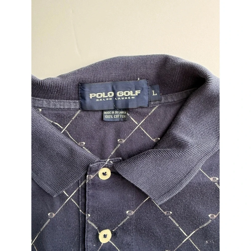 Polo Golf Ralph Lauren Mens Large Navy Blue Golf Club Diamond Print Polo Shirt